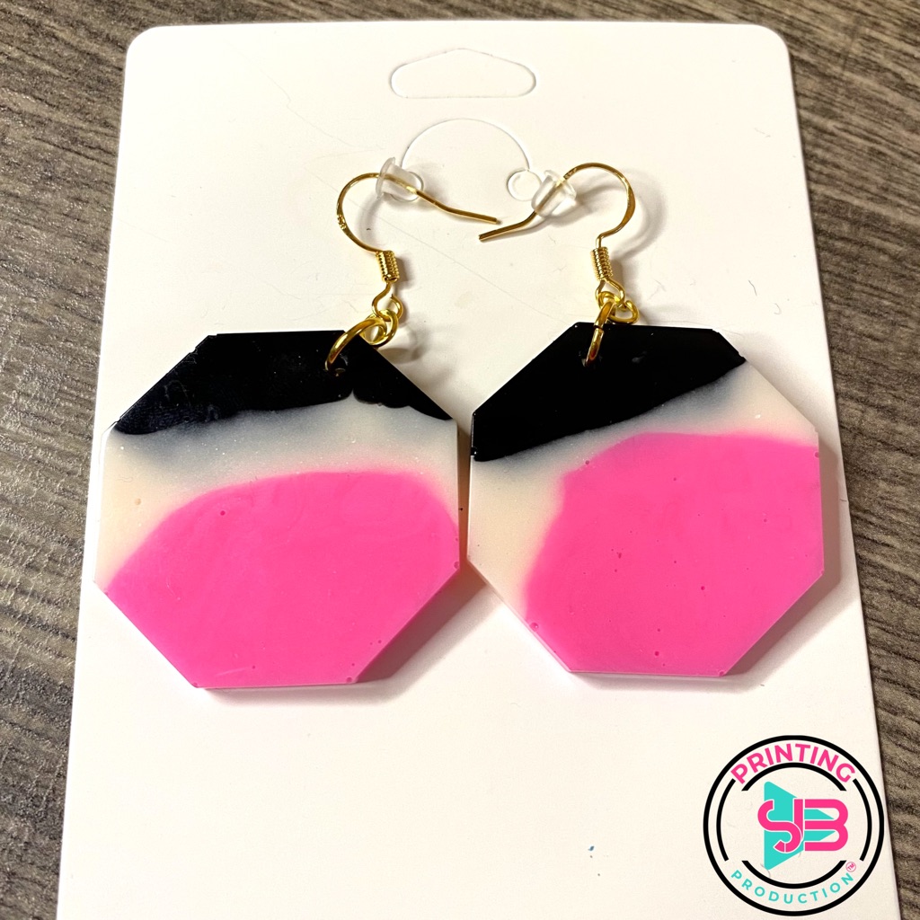 Sjb Pink White Black Resin Handmade Octagon Shaped Earrings